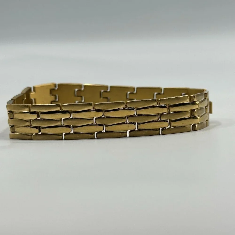 Stainless Steel Bracelet Men Gold Tone Brick Link Pattern 8.5 Inch
